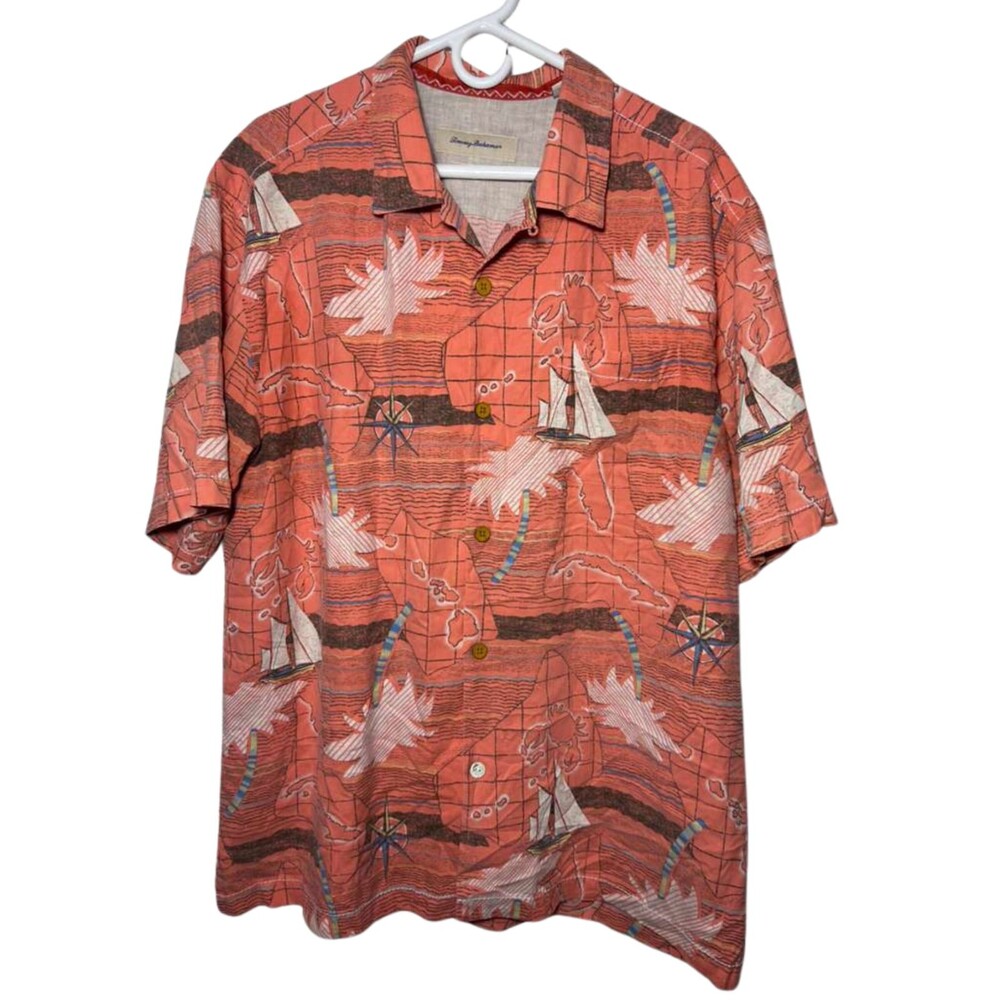Tommy Bahama Button Down Shirt Men's XL/TG Coral Orange Crab Hawaiian Nautical